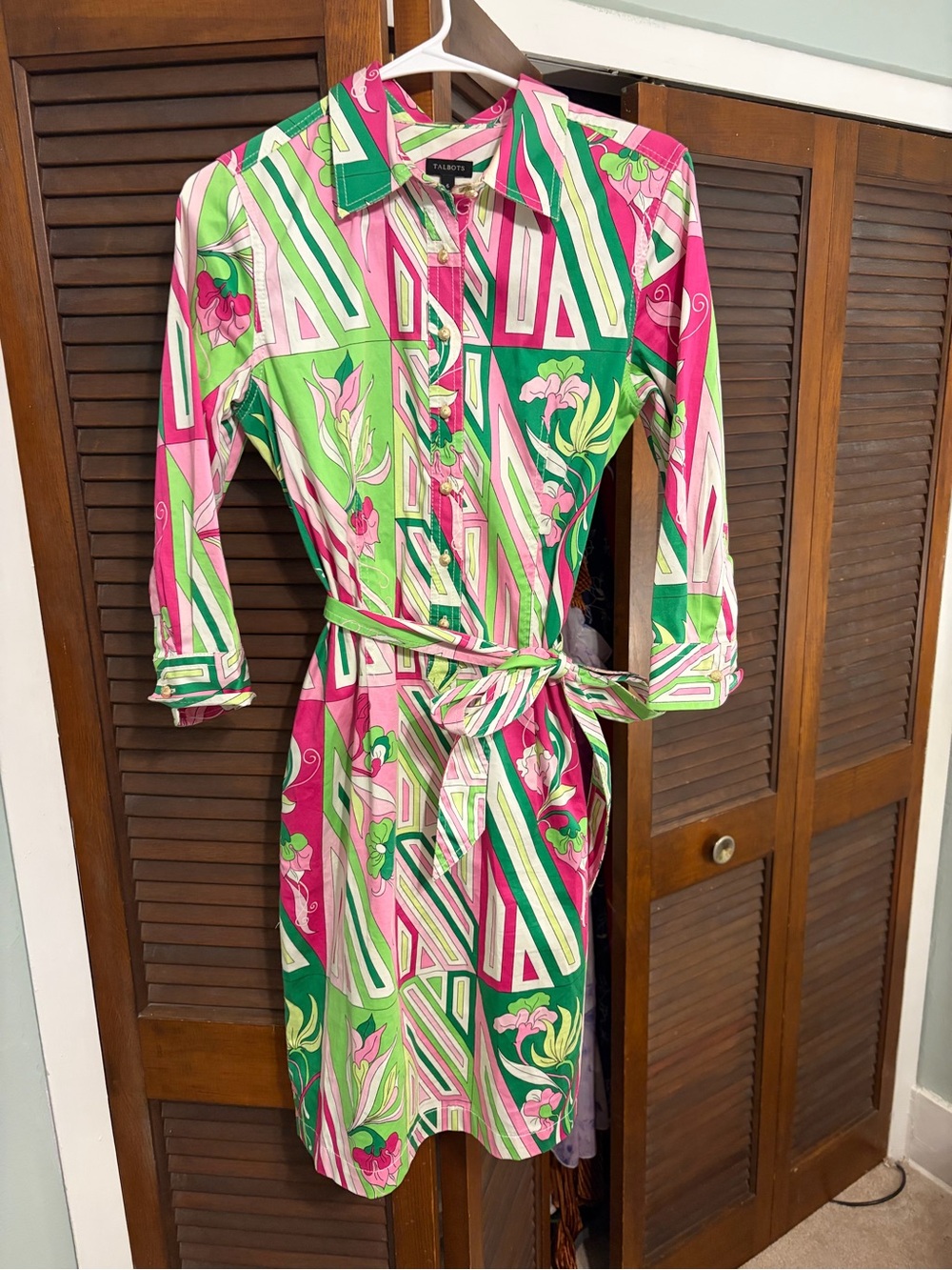 Talbots Pink & Green Printed Shirt Midi Dress with Self-Tie Waist